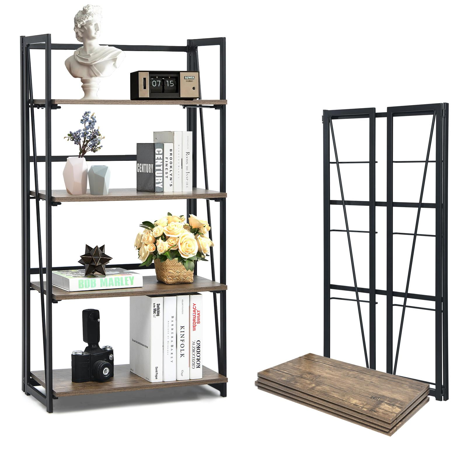 Giantex 4-Tier Folding Bookshelf, No-Assembly Industrial Bookcase, Display Rack & Freestanding Storage Shelves