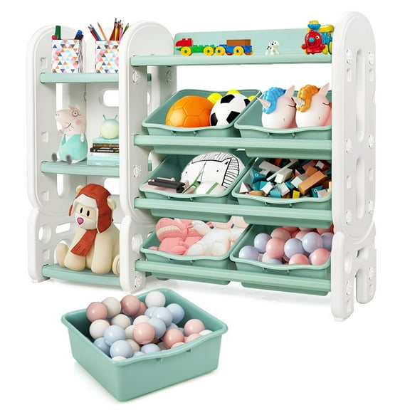 Giantex 4-Tier Kids Toy Storage Organizer, 2-in-1 Toddler Furniture Unit for Playroom Daycare, Green