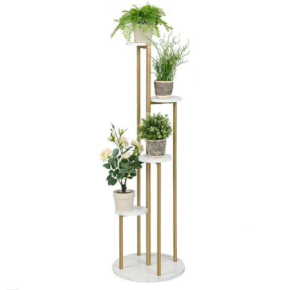 Giantex 4-Tier Metal Plant Stand, Planter Holder W/ Golden Metal Frame, Faux Marble Finish, Potted Planter Display Rack