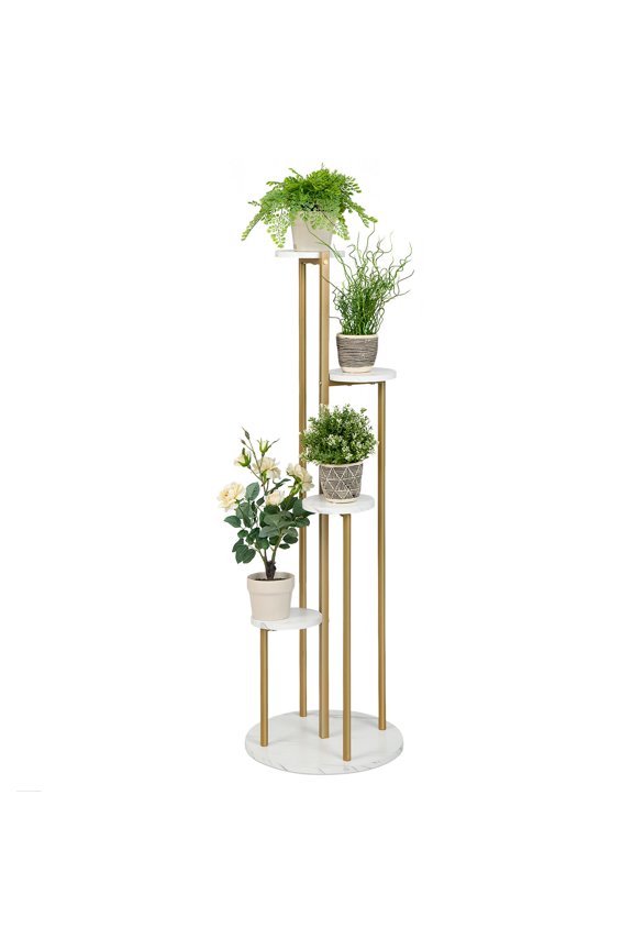 4-Tier Metal Plant Stand, Planter Holder W/ Golden Metal Frame, Faux Marble Finish, Potted Planter Display Rack