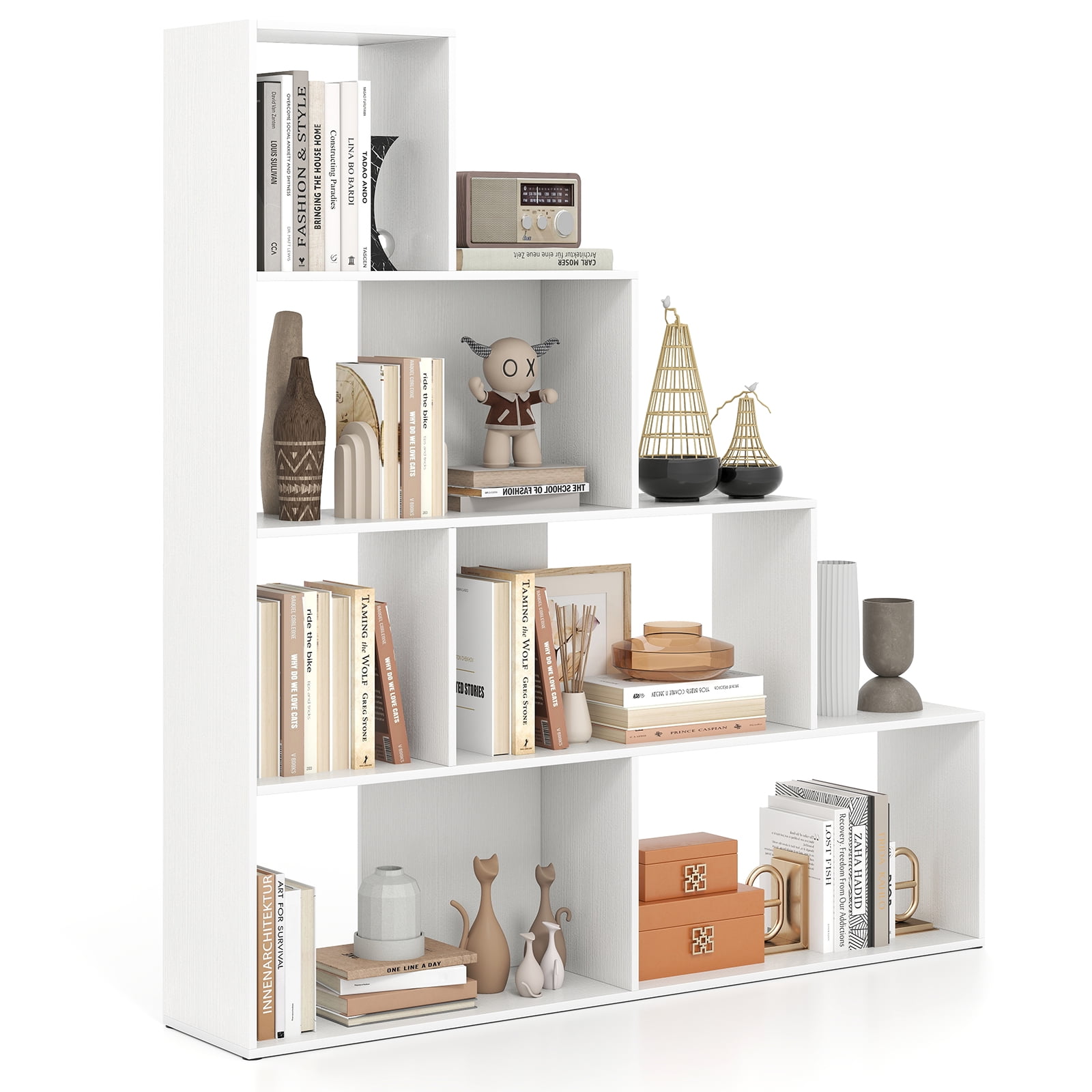 Giantex 4-Tier Stepped Bookshelf, Freestanding Ladder Storage Shelf w/ 6 Cubes, Modern Display Rack, White