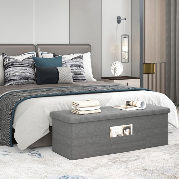 Giantex 43” Folding Storage Ottoman Bench, Linen End of Bed Bench w/Padded Seat, Pocket & Divider, Foot Stool Footrest Storage Chest, Grey