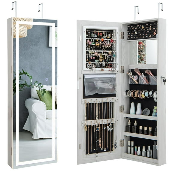 Giantex 47’’ Jewelry Cabinet w/LED Touch Screen Mirror, Wall/Door Mounted Full Length Mirror w/ 3-Color Lights, Lockable Jewelry Organizer Armoire (White)