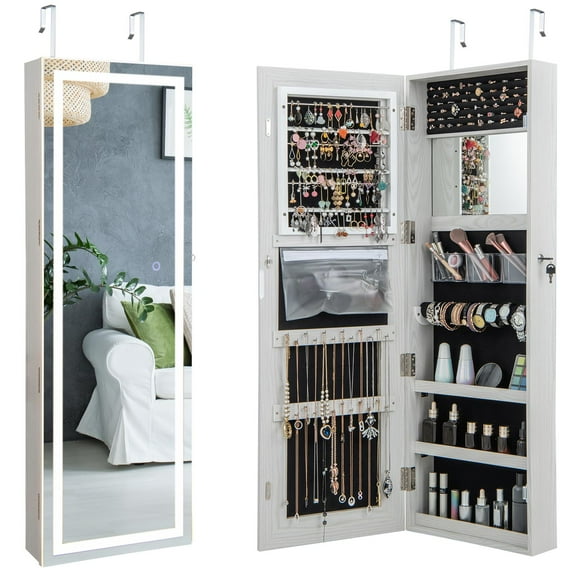 Giantex 47’’ Jewelry Cabinet w/LED Touch Screen Mirror, Wall/Door Mounted Full Length Mirror w/ 3-Color Lights, Lockable Jewelry Organizer Armoire (White)