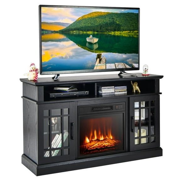 Giantex 48" Wooden TV Stand w/Fireplace, Electric Fireplace TV Cabinet, Farmhouse Media Entertainment Center Console Table, Black