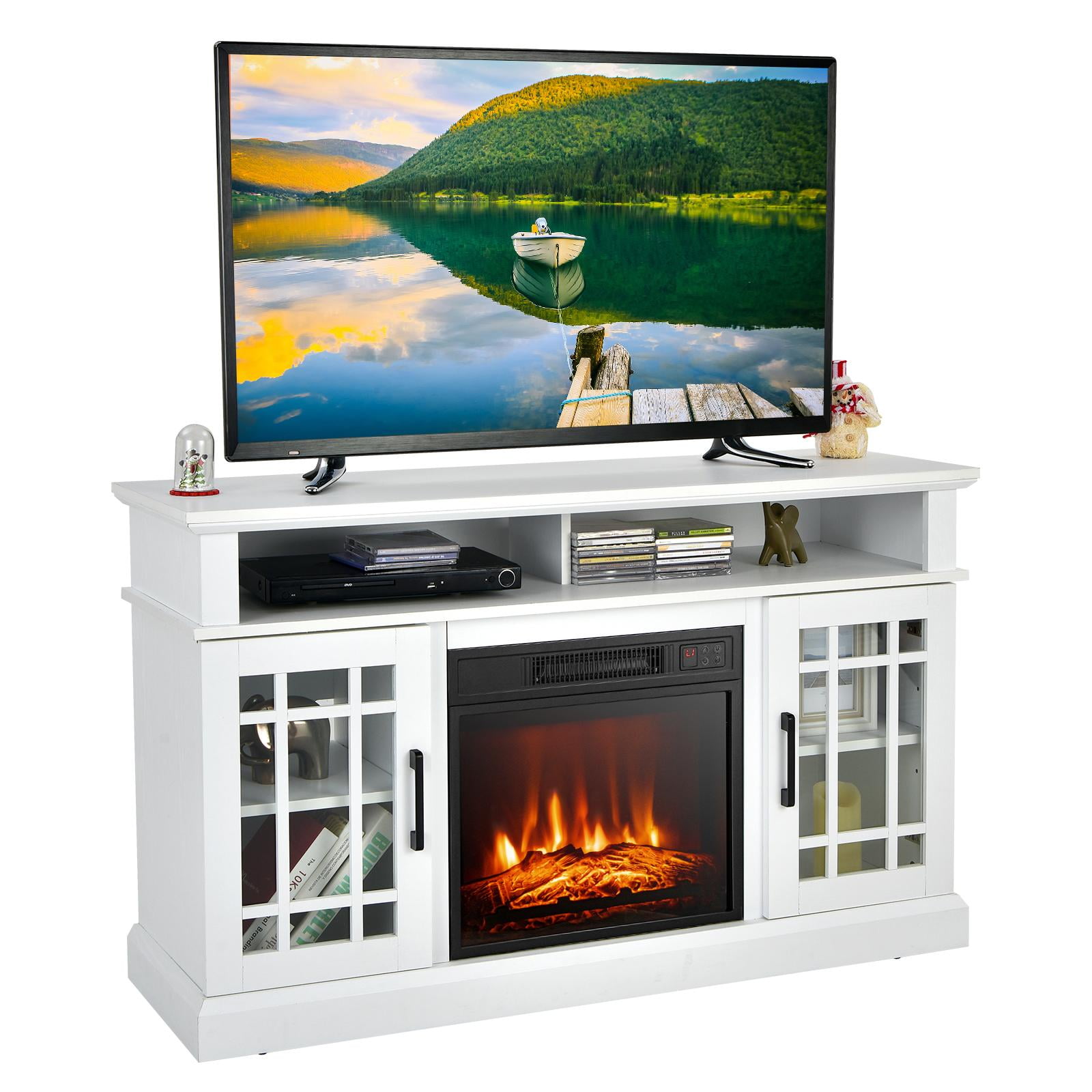 Giantex 48" Wooden TV Stand w/Fireplace, Electric Fireplace TV Cabinet, Farmhouse Media Entertainment Center Console Table, White