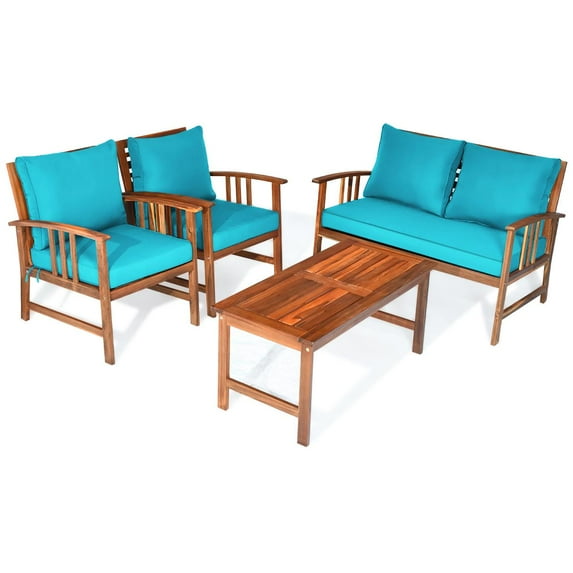 Giantex 4PCS Wood Outdoor Patio Furniture Set w/Cushions for Seat and Back Seating Chat Set w/Coffee Table Cushioned Conversation Set for Poolside, Yard, Garden, Backyard