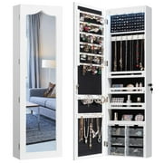 Giantex 5 LEDs Jewelry Armoire Wall Mounted/Door Hanging Mirror, Lockable Jewelry Cabinet w/Full Length Mirror & 6 Drawers, Jewelry Organizer Storage Box for Women Girls (White)