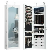 Giantex 5 LEDs Mirror Jewelry Armoire Wall Door Mounted, Lockable Jewelry Cabinet with 6 Drawers and Full Length Mirror, Large Capacity, Jewelry Organizer Box for Girls(White)