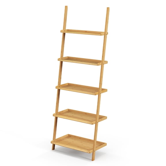 Giantex 5-Tier Bamboo Ladder Bookcase, Wall-Leaning Shelving Unit, Corner Storage Organizer