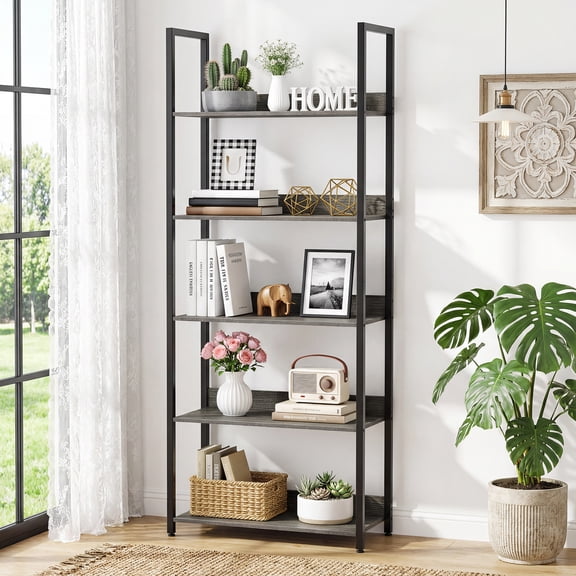 Giantex 5-Tier Bookshelves, Freestanding Home Office Bookcase w/Storage Organizer, Gray