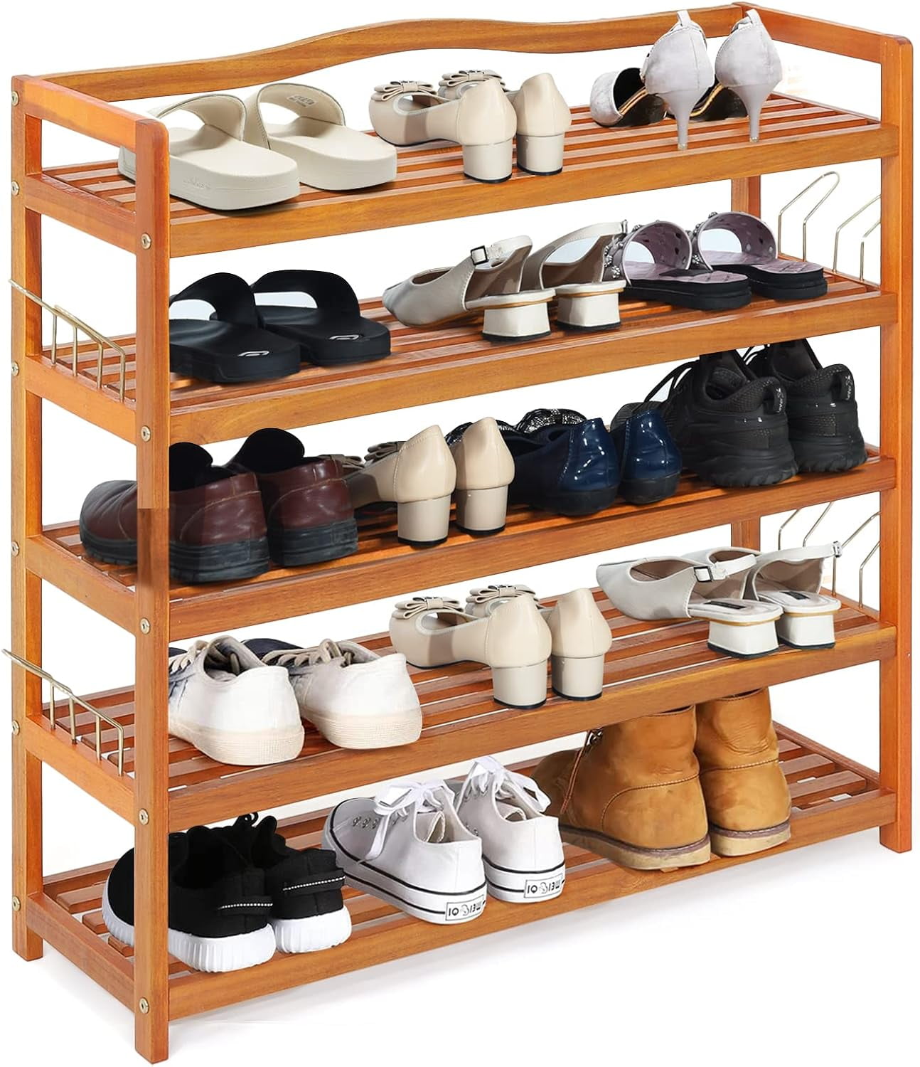 Side Way Shoe Rack Giantex 5-Tier Shoe Rack, Acacia Wood Shoe Shelf with Side Metal Hooks ...