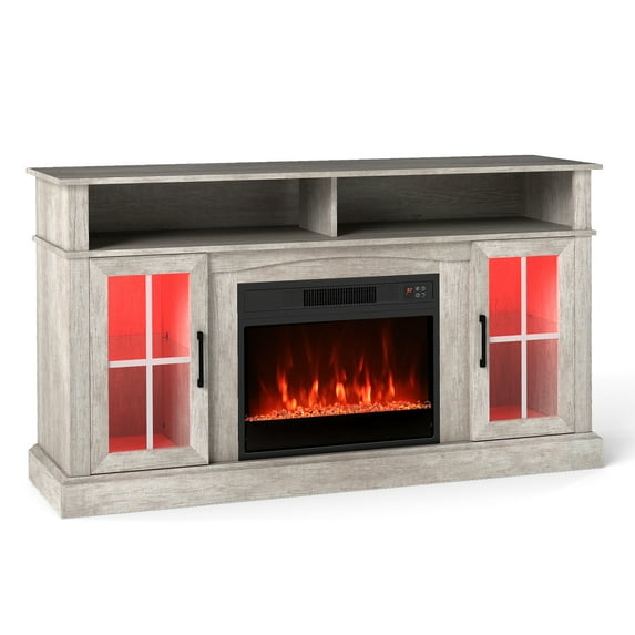 Giantex 58" Fireplace TV Stand for 65" TV, Media Entertainment Center w/ Electric Fireplace, LED Lights, TV Console Table, Gray