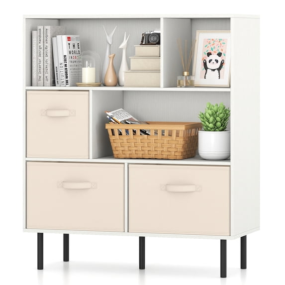 Giantex 6-Cube Bookshelf, 3-Tier Bookcase w/3 Removable Folding Fabric Drawers, Freestanding Organizer, White