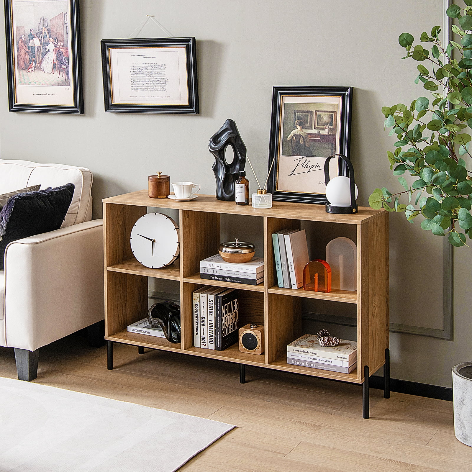 Giantex 6 Cube Storage Organizer Bookshelf, Wood Open Bookcase w/Metal Legs, Adjustable Display Shelf, Natural