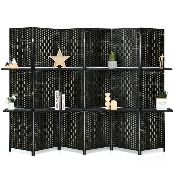Giantex 6 Panels Room dividers, 6Ft Hand-Woven Fiber Freestanding Wall Divider, Portable Wooden Partition Separators, Black