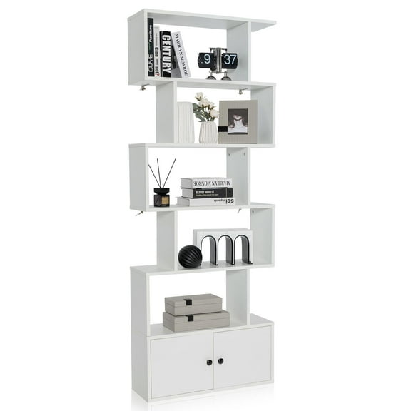 Giantex 6-Tier Geometric Bookcase  w/Cabinet, Freestanding Display Shelves  w/Anti-Tipping Device, Wood S-Shaped Bookshelf, White