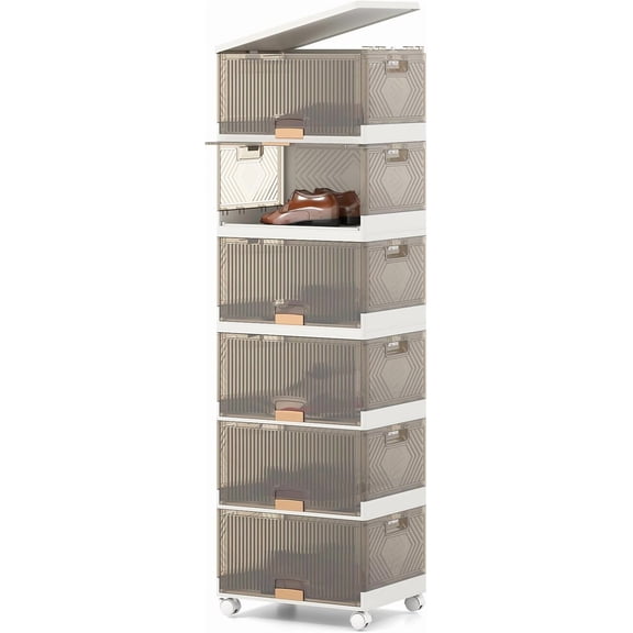 Giantex 6 Tier Stackable Storage Bins with Lids, 27 Gal Foldable Shoe Storage Box with Detachable Wheels & Flip-Up Doors, Collapsible Closet Organizers and Storage Bins