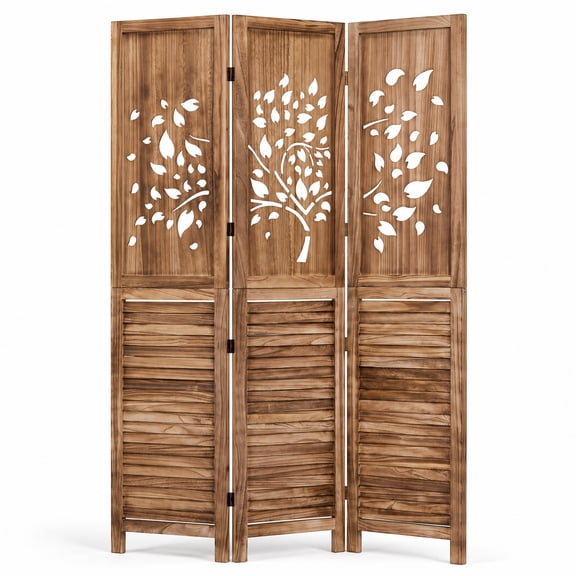 Giantex 67in 3 Panel Wooden Room Divider Privacy Screen with Cutout and Louver Brown