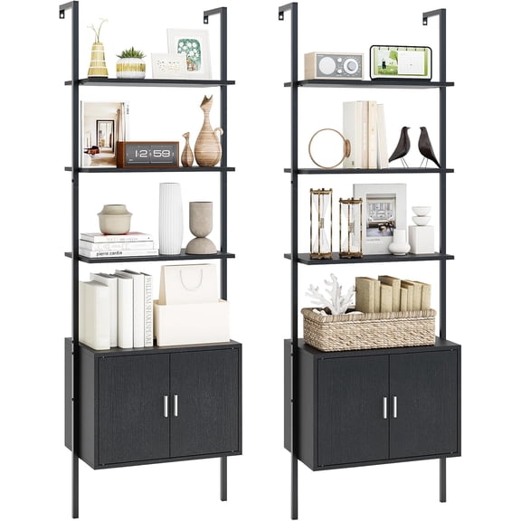 Giantex 72.5" Ladder Bookshelf with Cabinet Set of 2, 5-Tier Tall Wall-Mounted Shelf w/Storage, Modern Style Kitchen Open Shelving Organizer, Heavy-Duty Metal Frame Display Rack for Living Room,Black