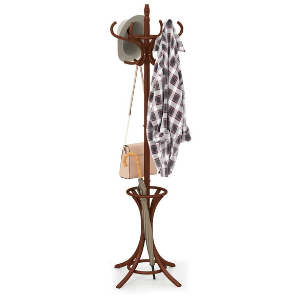 Giantex Coat Rack Free standing, Wooden Coat Rack Tree with 12 Hooks and Umbrella Stand, Entryway Hall Tree for Hats Clothes Handbags (Reddish Brown)