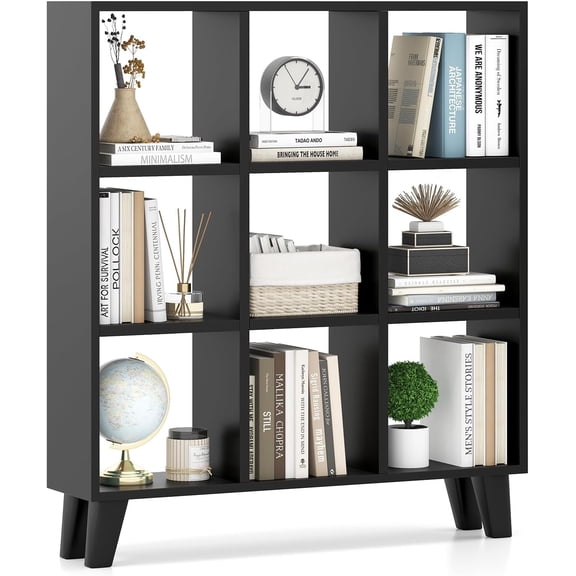 Giantex 9-Cube Open Bookcase, 3-Tier Freestanding Bookshelf with 4 Slanted Legs & 6 Removable Shelves, Modern Cubby Storage Organizer, Wood Display Book Shelf for Living Room Bedroom Study (1, Black)