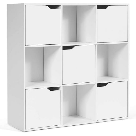 Giantex 9-Cube Storage Organizer, Storage Cabinet with 4 Open Cubes and 5 Cabinets, Freestanding Wooden Cubby Bookcase, Compartment Units for Home Office, 3-Tier Bookshelf for Books