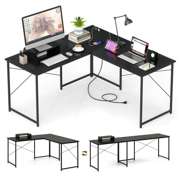 Giantex 95 Inch Reversible Corner Desk, L-Shaped Computer Desk w/Monitor Stand & 3 Cable Holes, 2-Person Long Study Writing Desk for ome Office, Black