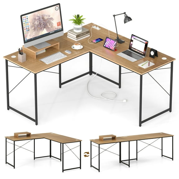 Giantex 95 Inch Reversible Corner Desk, L-Shaped Computer Desk w/Monitor Stand & 3 Cable Holes, 2-Person Long Study Writing Desk for ome Office, Natural
