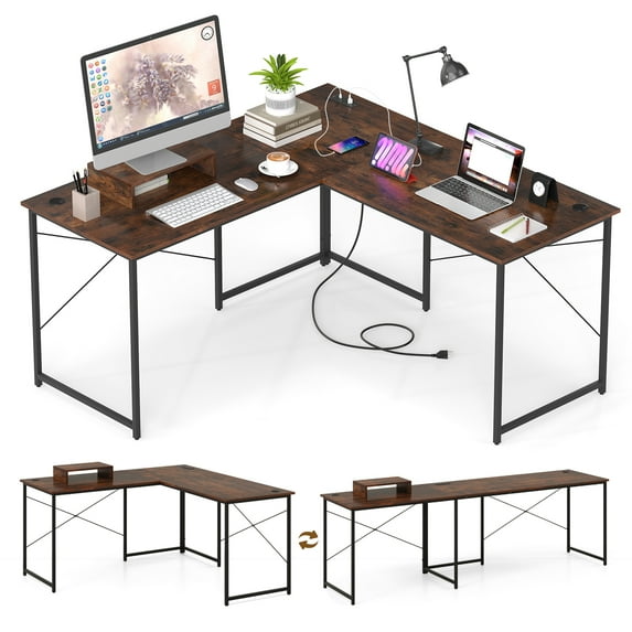 Giantex 95 Inch Reversible Corner Desk, L-Shaped Computer Desk w/Monitor Stand & 3 Cable Holes, 2-Person Long Study Writing Desk for ome Office, Rustic Brown