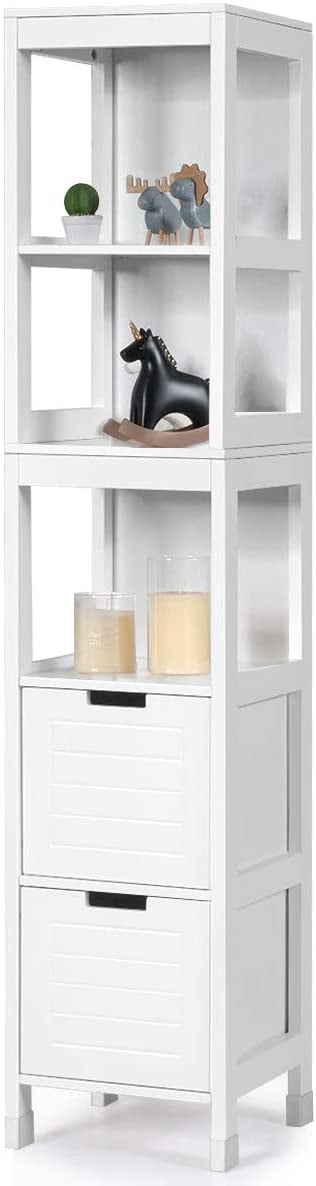 Giantex Adjustable Bathroom 3-Shelves and 2-Drawers Free Standing Cabinet, White
