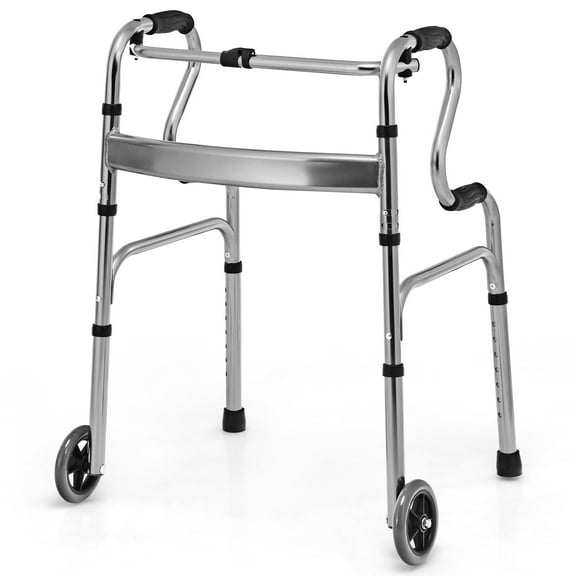 Giantex Aluminum Alloy Folding Walker, Stand-Assist Foldable Walker w/2 Wheels & Bi-Level Armrests, Height Adjustable Mobility Aid, Gray