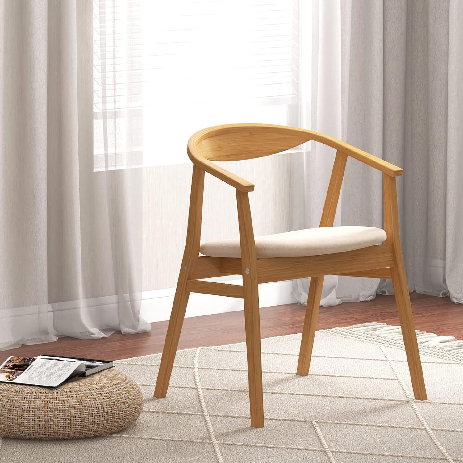 Giantex Bamboo Accent Chair - Wood Natural Boho Accent Dining Chairs with Armrest and Curved ...