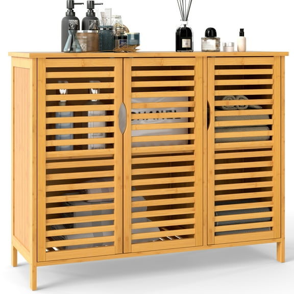 Giantex Bamboo Bathroom Cabinet, Freestanding Storage Cabinet, Slatted 3-door Storage Organizer Floor Cupboard