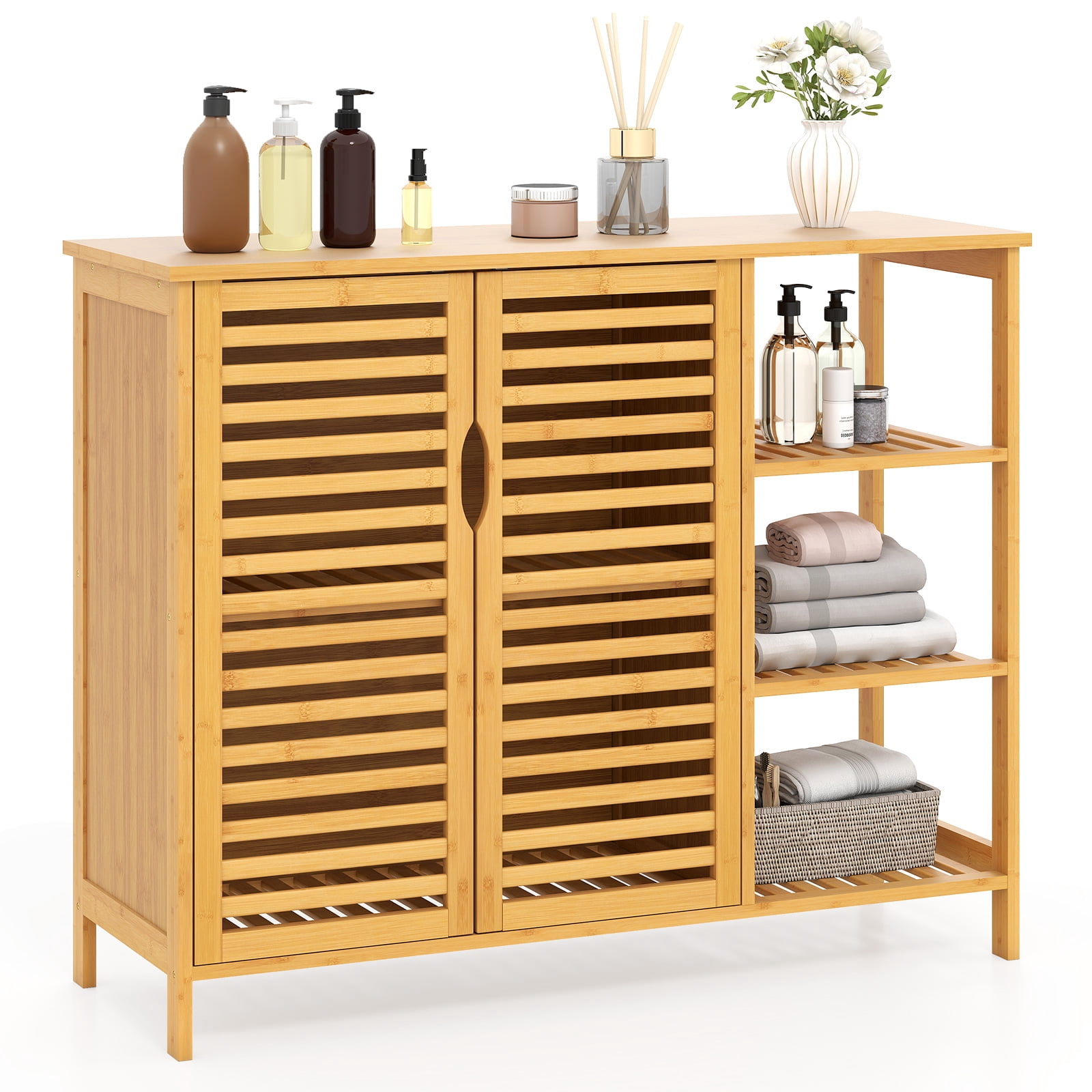 Giantex Bamboo Bathroom Cabinet, Freestanding Storage Unit w/3-tier shelf, 2-Door Storage Organizer Slatted Floor Cupboard