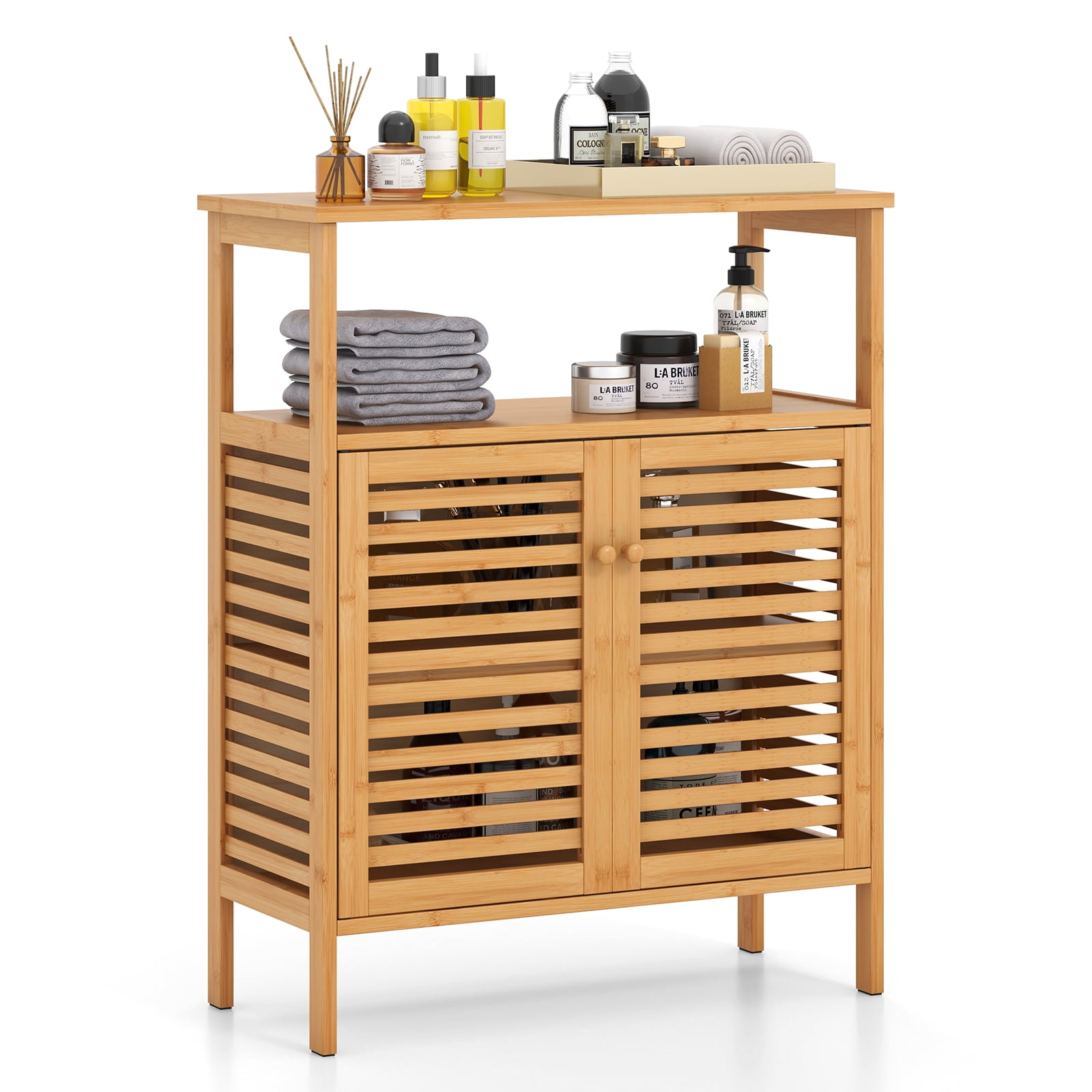 Giantex Bamboo Bathroom Cabinet, Storage Organizer w/Double Louvered Doors, Freestanding Floor Cabinet for Entryway, Kitchen