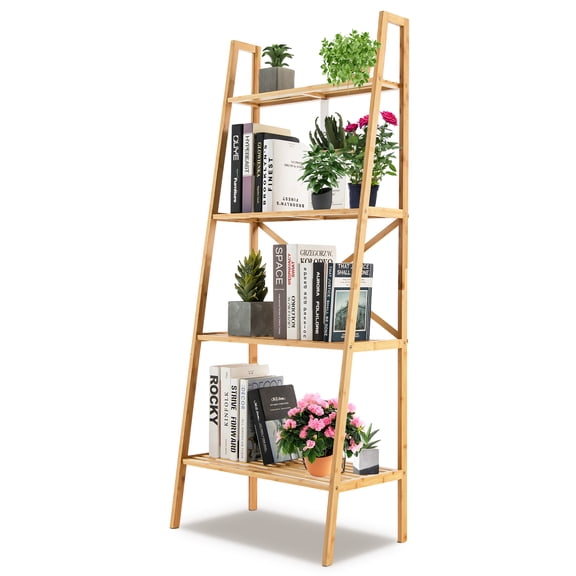 Giantex  Bamboo Ladder Bookshelf, 4-Tier Freestanding Bookcase, Wooden Bookshelf Bathroom Storage Rack Plant Stand
