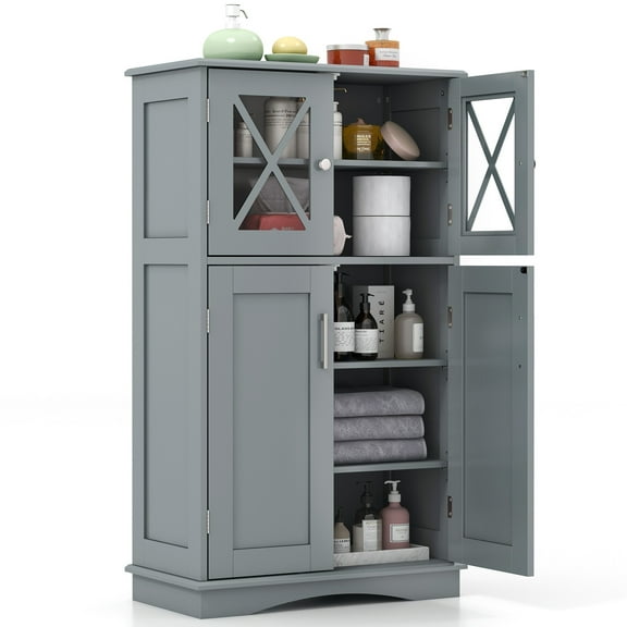 Giantex Bathroom Floor Storage Cabinet, Freestanding Linen Cabinet w/3 Adjustable Shelves, Grey