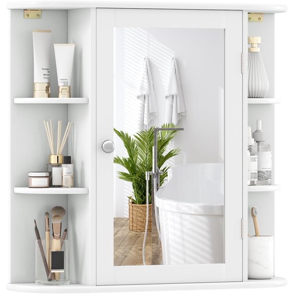 Giantex Bathroom Medicine Cabinet, Wall Mounted Bathroom Mirror Cabinet with Mirrored Door & 4 Interior Shelves, 6 Open Shelves, Mounting Hardware, Space-Saving Storage Cabinet, White