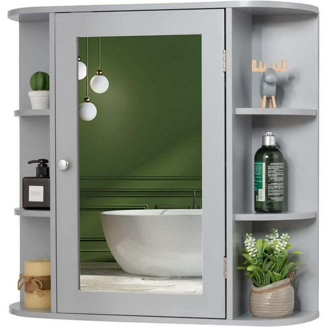 Giantex Bathroom Mirror Cabinet, Modern Wall Cabinet with Mirror, Medicine Cabinet with Mirror, Ideal for Bathroom, Dressing Room or Living Room, 26 x 6.5 x 25 inches (Grey)