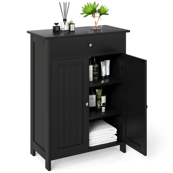 Giantex Bathroom Storage Cabinet, Floor Storage Organizer w/3-Level Adjustable Shelf, Modern Storage Unit, Black