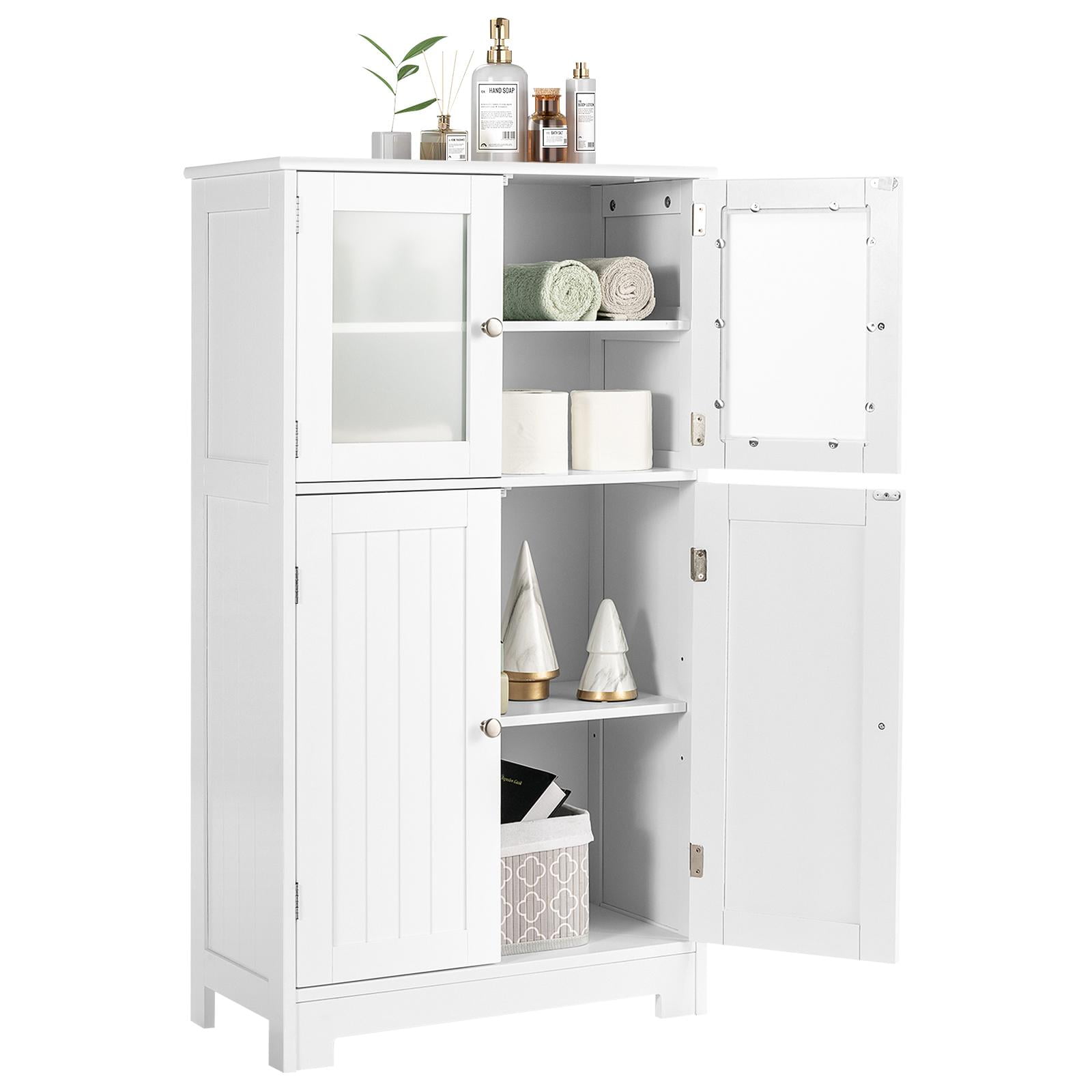 Giantex Bathroom Storage Cabinet w/Adjustable Shelf, Freestanding Wooden Floor Anti-toppling Device, Pantry Tempered Glass Doors for Kitchen Dining Room & Livingroom
