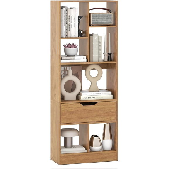 Giantex Bookcase with Drawer, 51" Tall Freestanding Storage Organizer with 7 Cubes, Multifunctional Open Bookshelf Display Rack with Anti-Tipping Kits for Living Room Home Office (Natural, 6-Tier)