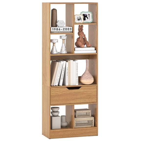 Giantex Bookcase w/Drawer, Multifunctional Open Bookshelf, Storage Organizer, Natrual