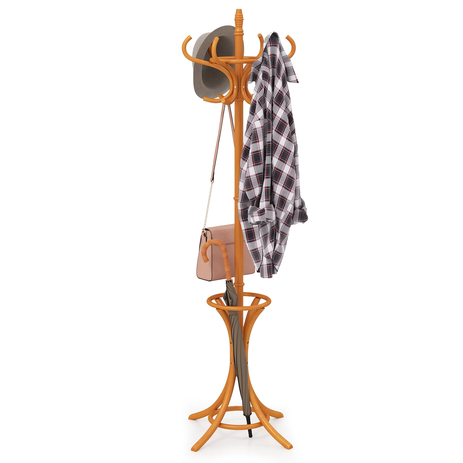 Giantex Wooden Coat Rack, Free Standing, 12 Hooks, Umbrella Stand