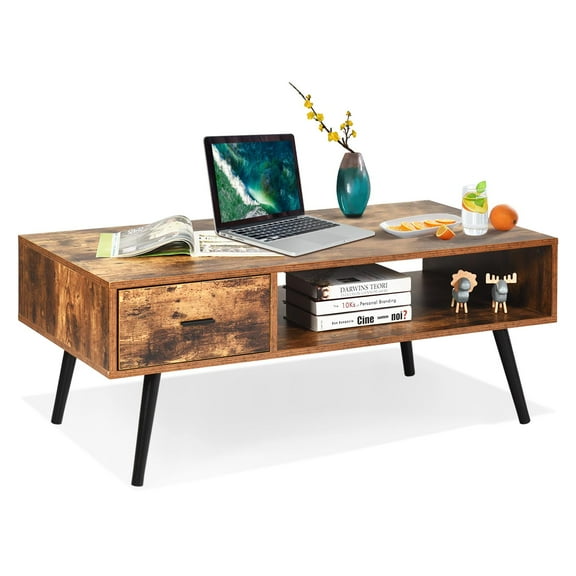 Giantex Coffee Table, Modern Accent Cocktail Sofa Table with 1 Drawer & Open Shelf, 43" Rectangular Wooden TV Stand with Solid Wood Legs, Rustic Brown