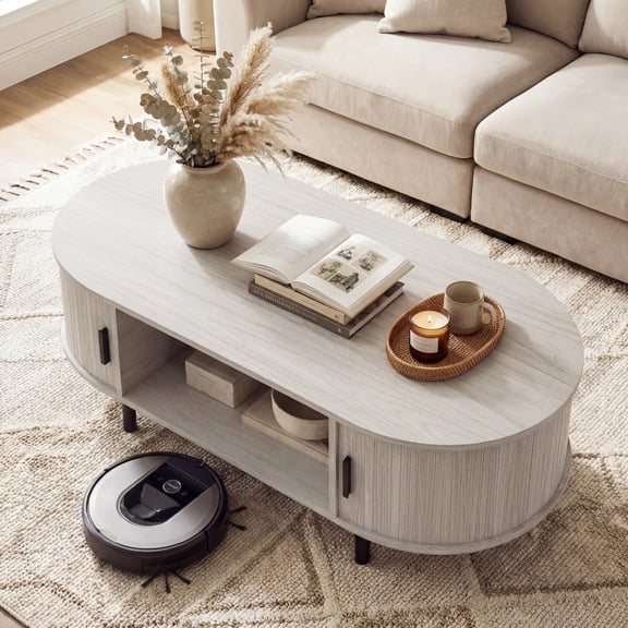 Giantex Coffee Table, Oval Living Room Center Table, Wooden Mid Century Accent Table, Rustic Oak