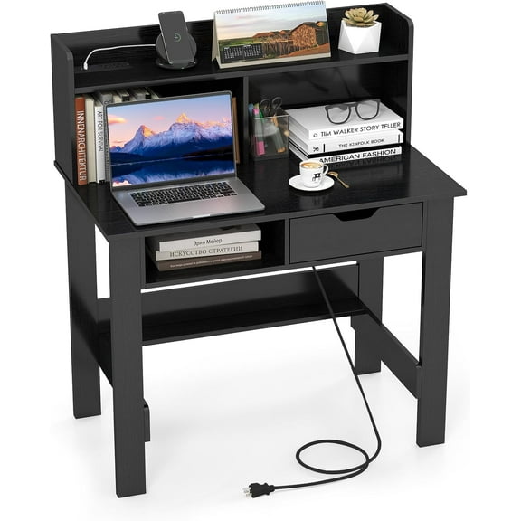 Giantex Computer Desk w/Hutch, Home Office Desk w/Power Outlets & USB Ports, Modern Laptop PC Table, Black