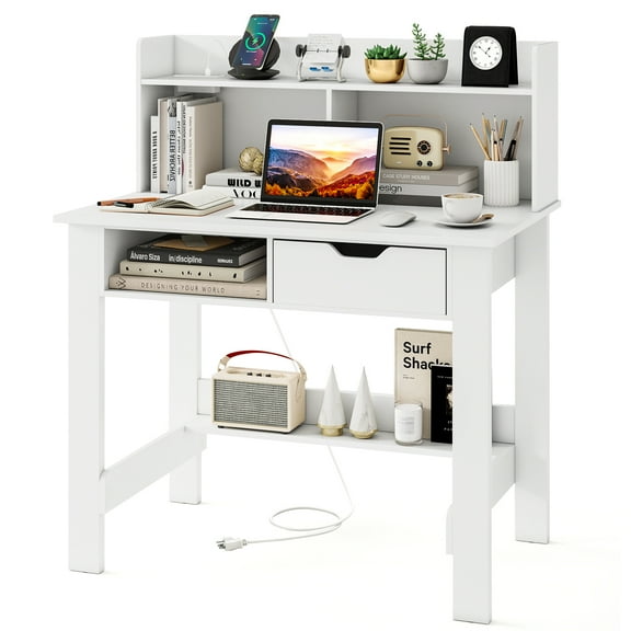 Giantex Computer Desk w/Hutch, Home Office Desk w/Power Outlets & USB Ports, Modern Laptop PC Table, White