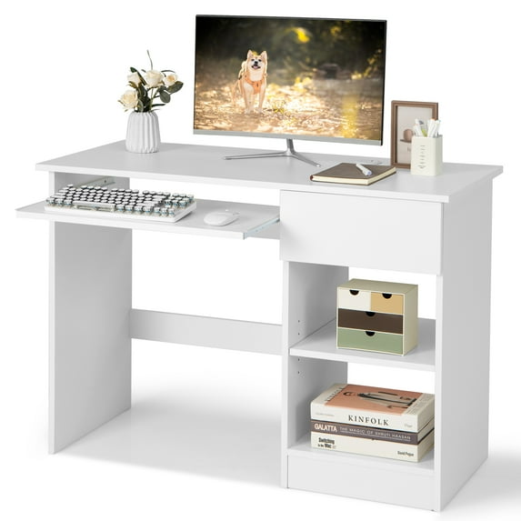 Giantex Computer Desk w/Keyboard Tray, Home Office Desk w/Cable Hole, Study Desk, Modern Writing Workstation, White